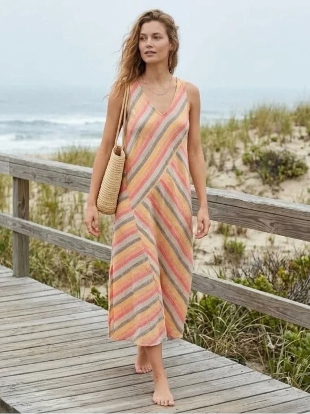 J. Jill Linen Multi Striped Sleeveless Dress